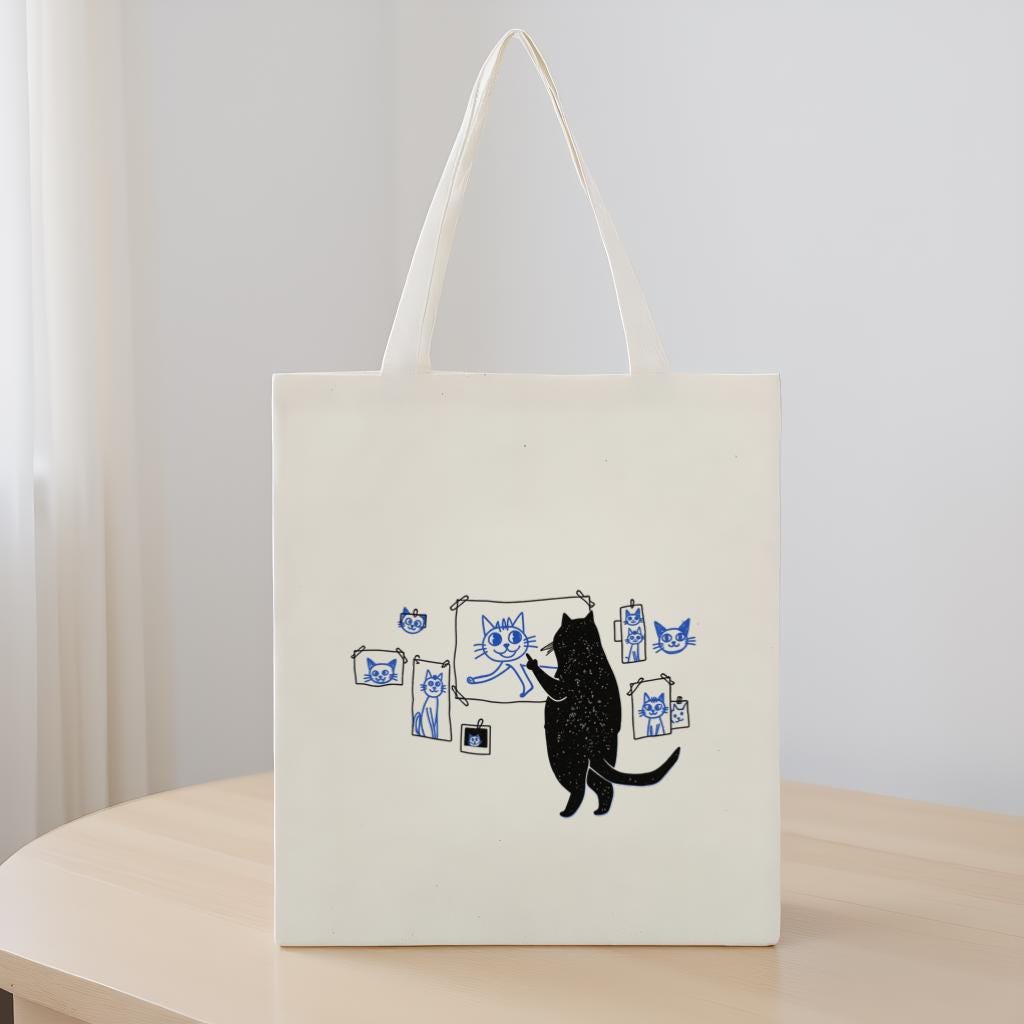 Cat Tote Bag, Cute Cartoon Cat Art Print Canvas Shopper, Gift for Cat Lovers, Everyday Use Reusable Bag