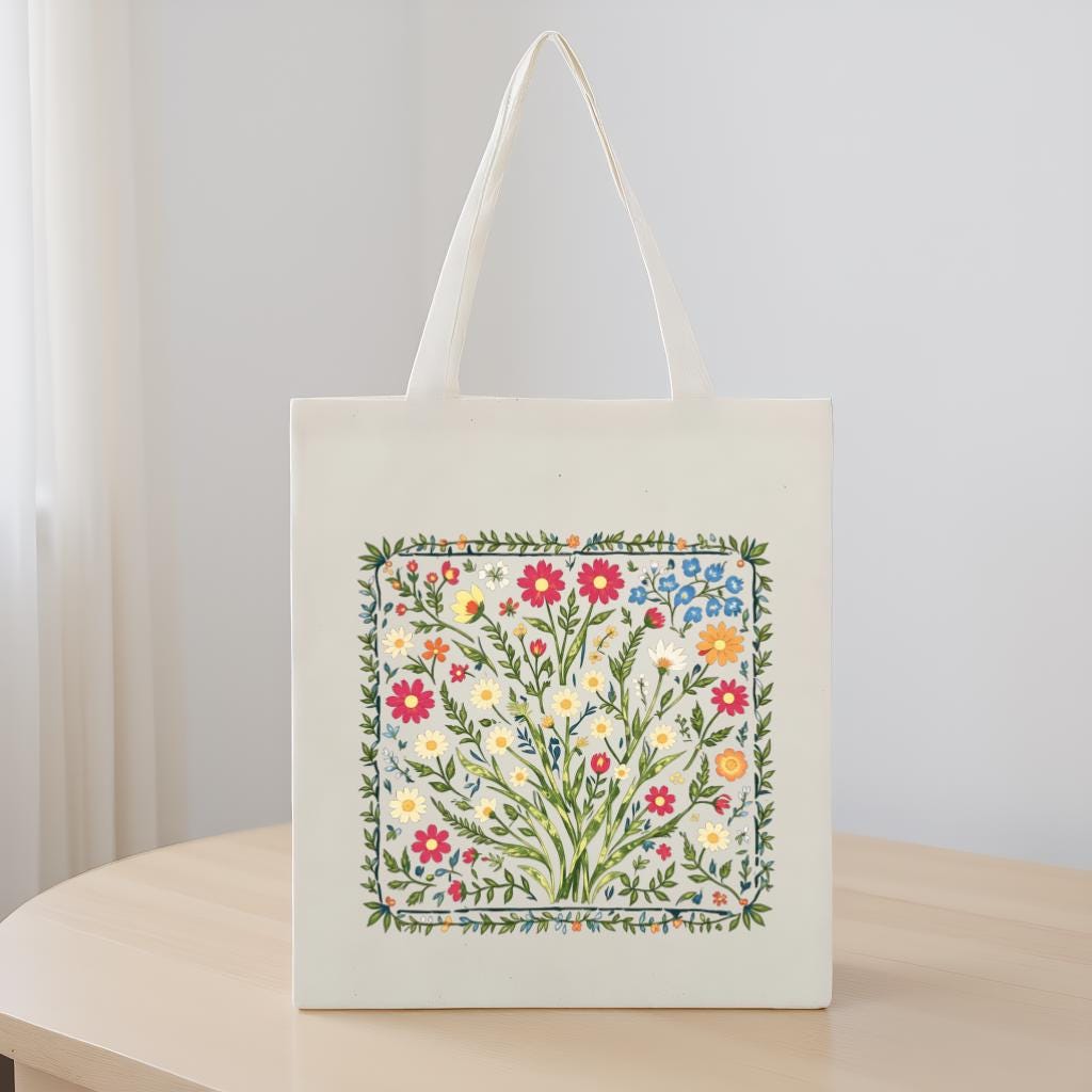 Floral Tote Bag, Wildflower Botanical Illustration Cotton-Style Shopper Bag, Gift for Garden Lovers