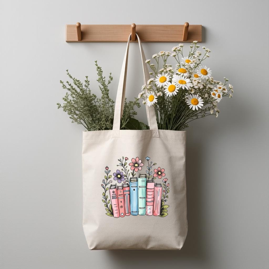 Book Lover Tote Bag, Floral Books Illustration Reusable Canvas Tote for Readers, Gift for Bookworms