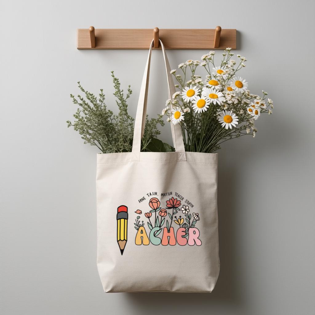 Teacher Tote Bag, Floral Pencil Name Design Canvas Bag, Custom School Gift for Teachers