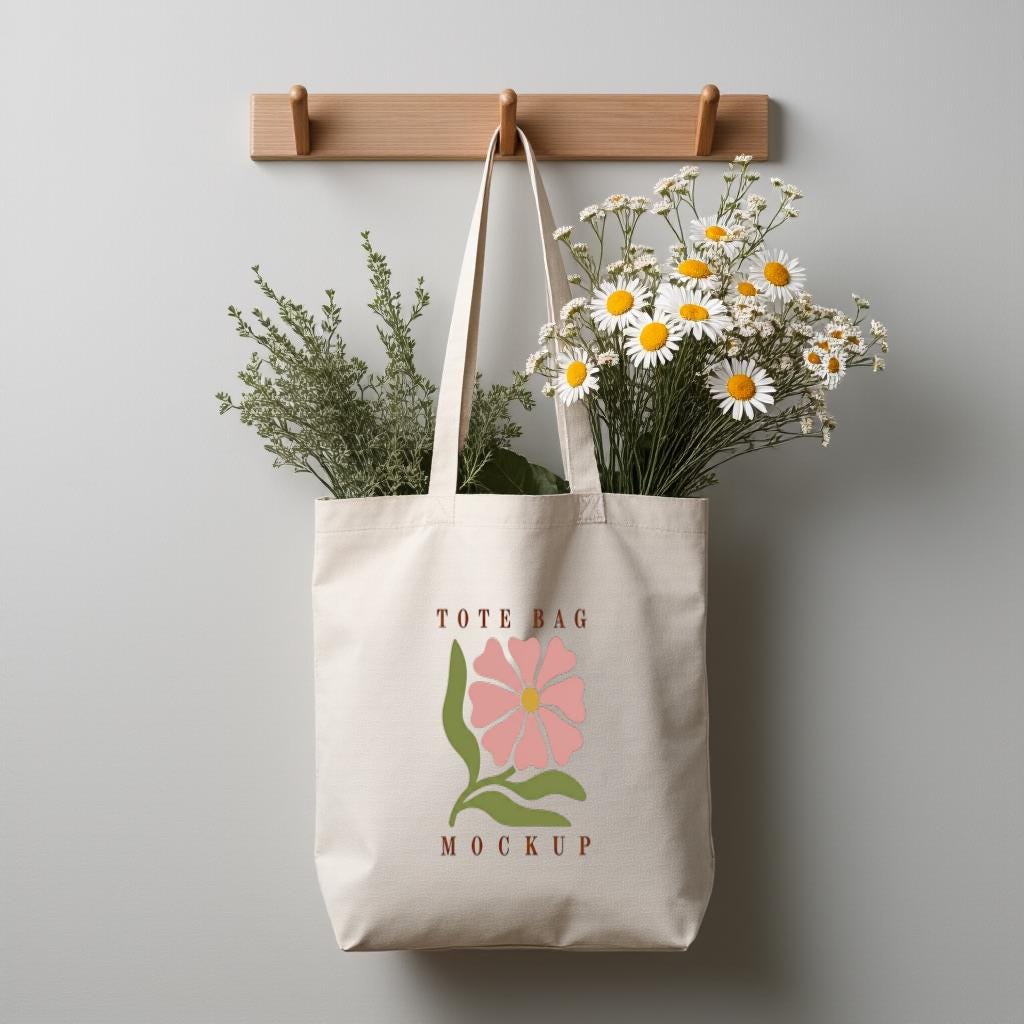 Tote Bag Mockup, Minimal Floral Canvas Shopper Bag Photo for Branding, Product Display, Gift for Shop Owners