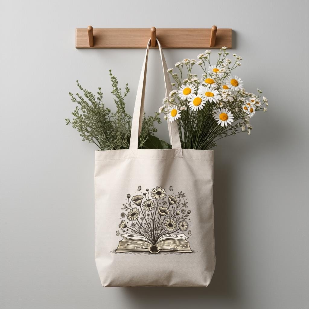 Canvas Tote Bag with Open Book & Wildflowers Line Art, Minimalist Floral Bookish Gift for Book Lovers
