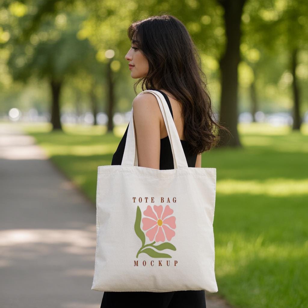 Tote Bag Mockup, Minimal Floral Canvas Shopper Bag Photo for Branding, Product Display, Gift for Shop Owners