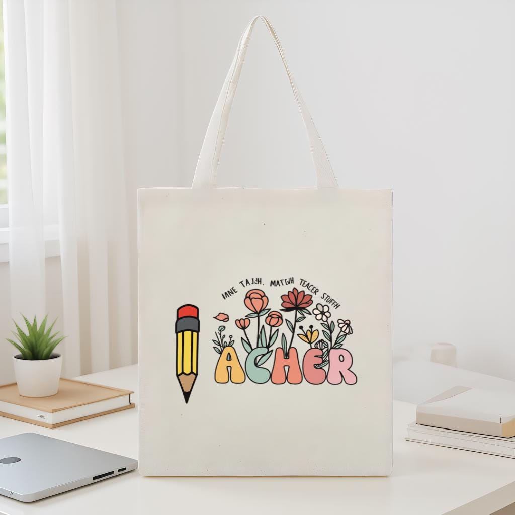 Teacher Tote Bag, Floral Pencil Name Design Canvas Bag, Custom School Gift for Teachers