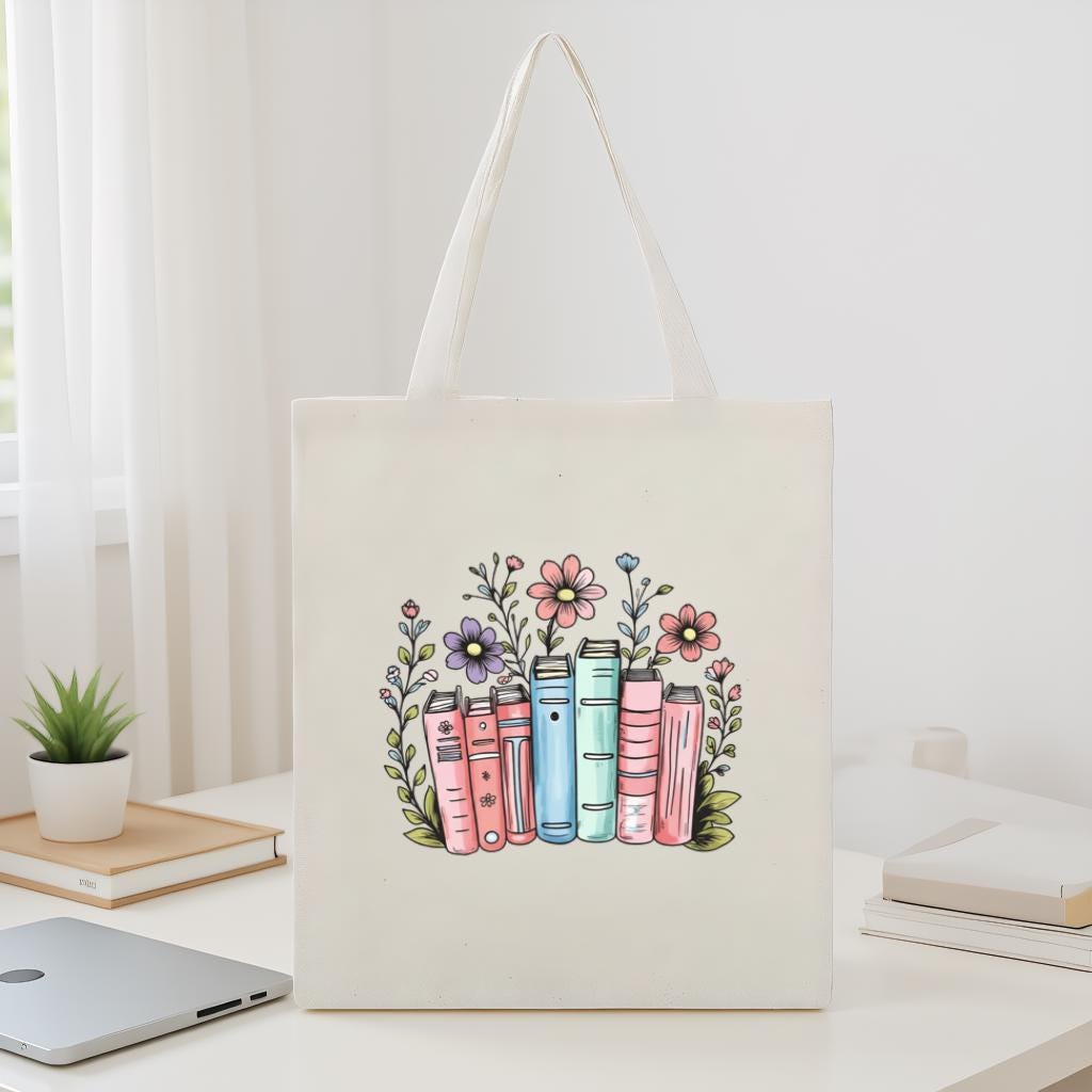 Book Lover Tote Bag, Floral Books Illustration Reusable Canvas Tote for Readers, Gift for Bookworms