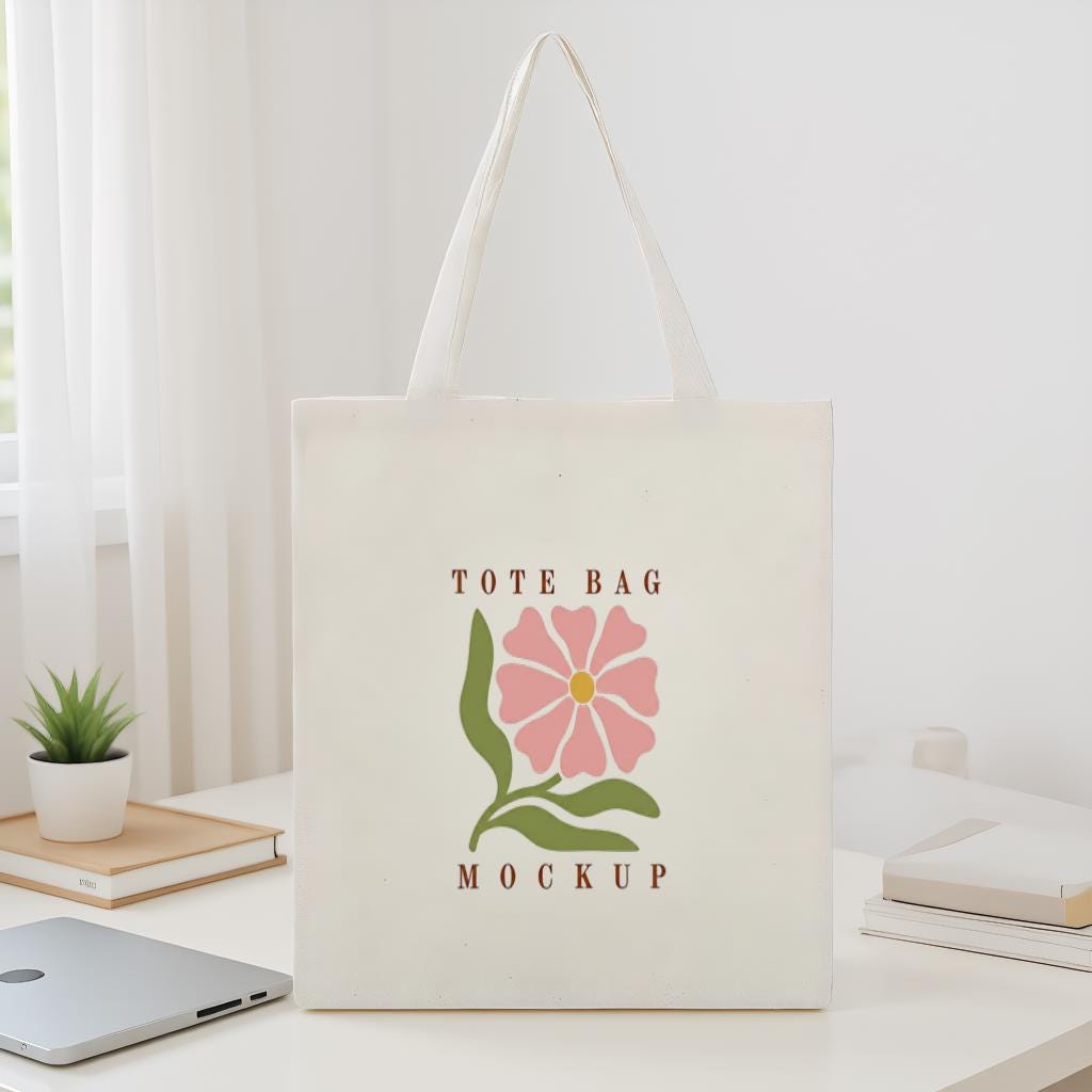 Tote Bag Mockup, Minimal Floral Canvas Shopper Bag Photo for Branding, Product Display, Gift for Shop Owners