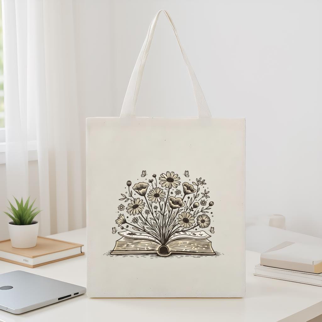 Canvas Tote Bag with Open Book & Wildflowers Line Art, Minimalist Floral Bookish Gift for Book Lovers