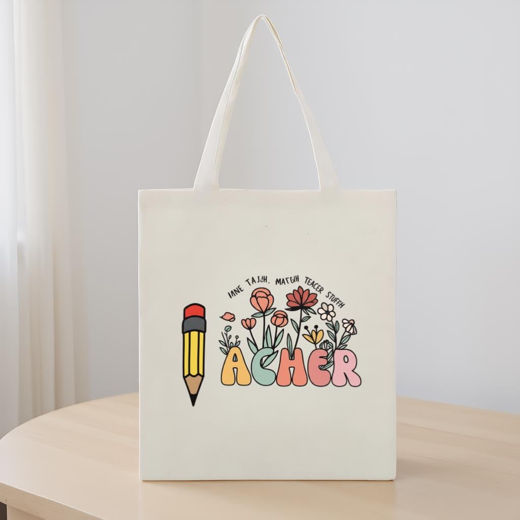 Teacher Tote Bag, Floral Pencil Name Design Canvas Bag, Custom School Gift for Teachers