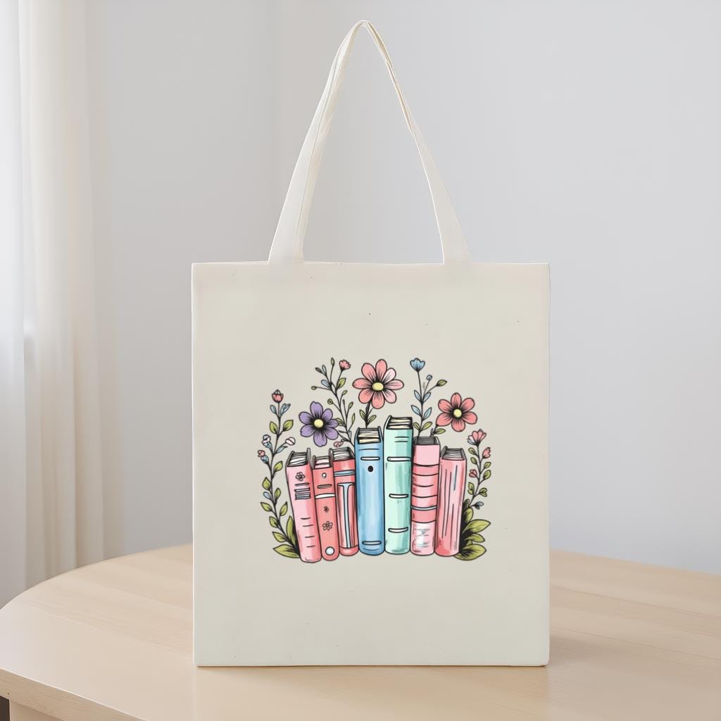 Book Lover Tote Bag, Floral Books Illustration Reusable Canvas Tote for Readers, Gift for Bookworms