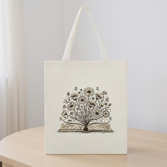 Canvas Tote Bag with Open Book & Wildflowers Line Art, Minimalist Floral Bookish Gift for Book Lovers