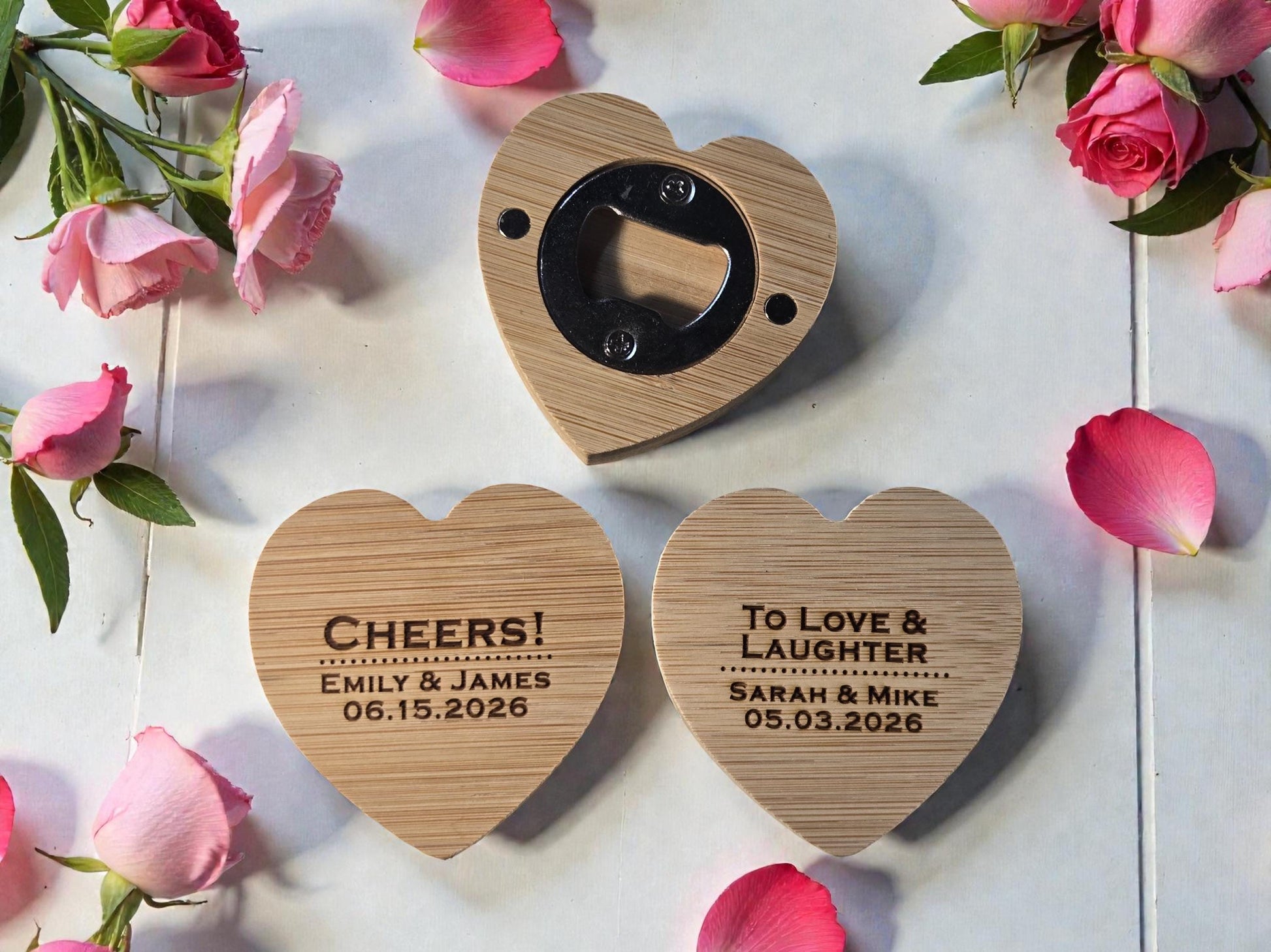 Wedding Favor Heart-Shaped Bamboo Magnetic Bottle Opener, Custom Engraved Wedding Guest Gift