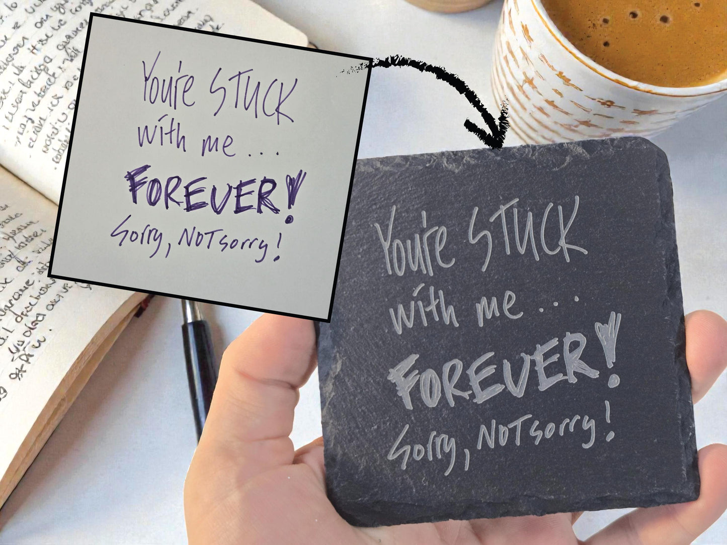 Handwritten Love Note Gift, Your Short Love Message Engraved Forever On A Slate Coaster, Custom Unique Handwriting Gift, Romantic Keepsake