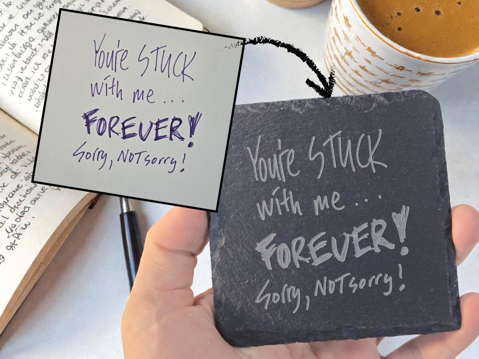 Handwritten Love Note Gift, Your Short Love Message Engraved Forever On A Slate Coaster, Custom Unique Handwriting Gift, Romantic Keepsake
