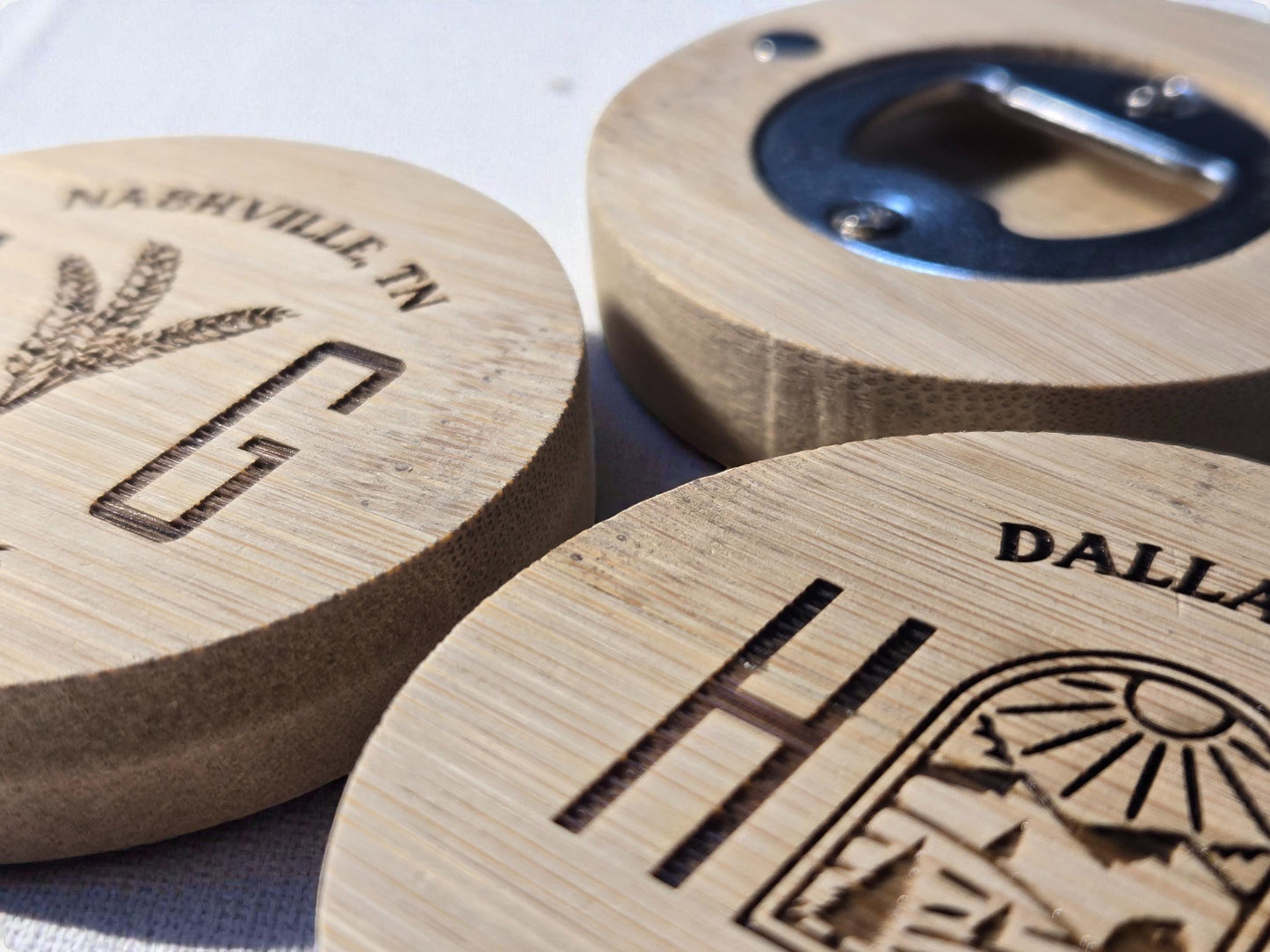 Farm Wedding Favor Round Bamboo Magnetic Bottle Opener, Custom Engraved Bulk Wedding Favors