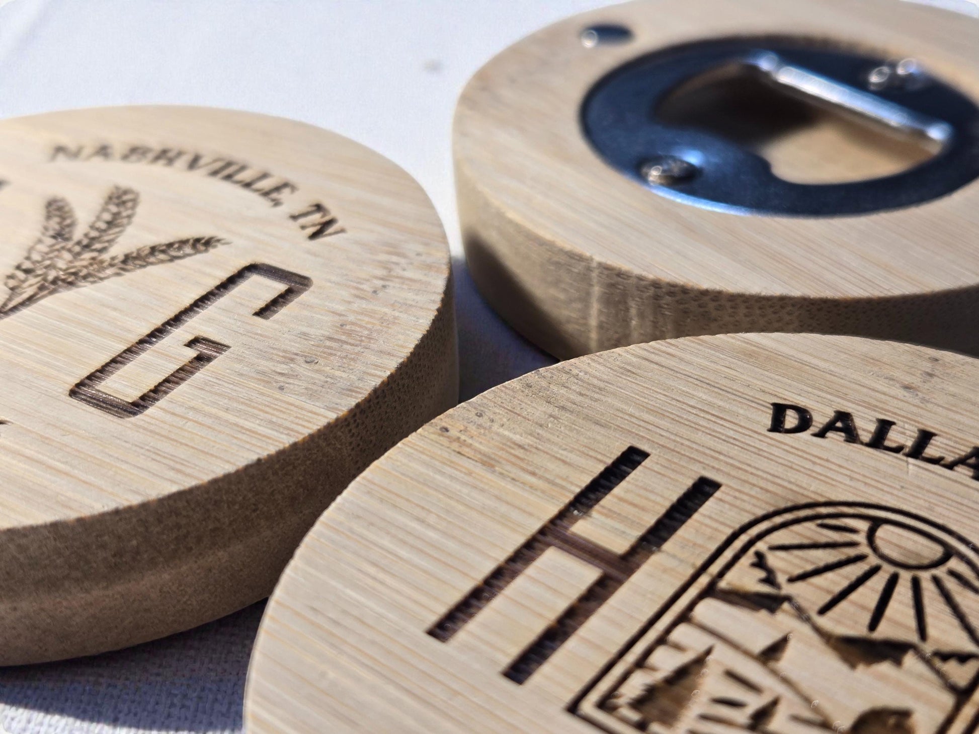 Farm Wedding Favor Round Bamboo Magnetic Bottle Opener, Custom Engraved Bulk Wedding Favors