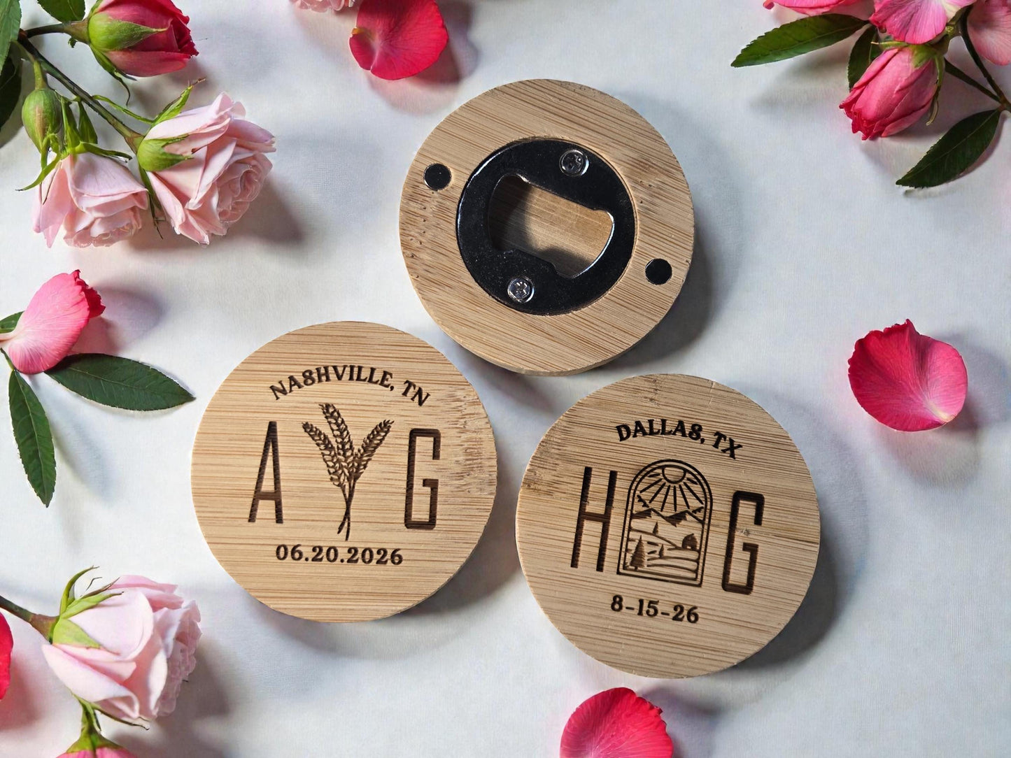 Farm Wedding Favor Round Bamboo Magnetic Bottle Opener, Custom Engraved Bulk Wedding Favors
