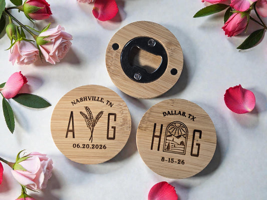 Farm Wedding Favor Round Bamboo Magnetic Bottle Opener, Custom Engraved Bulk Wedding Favors
