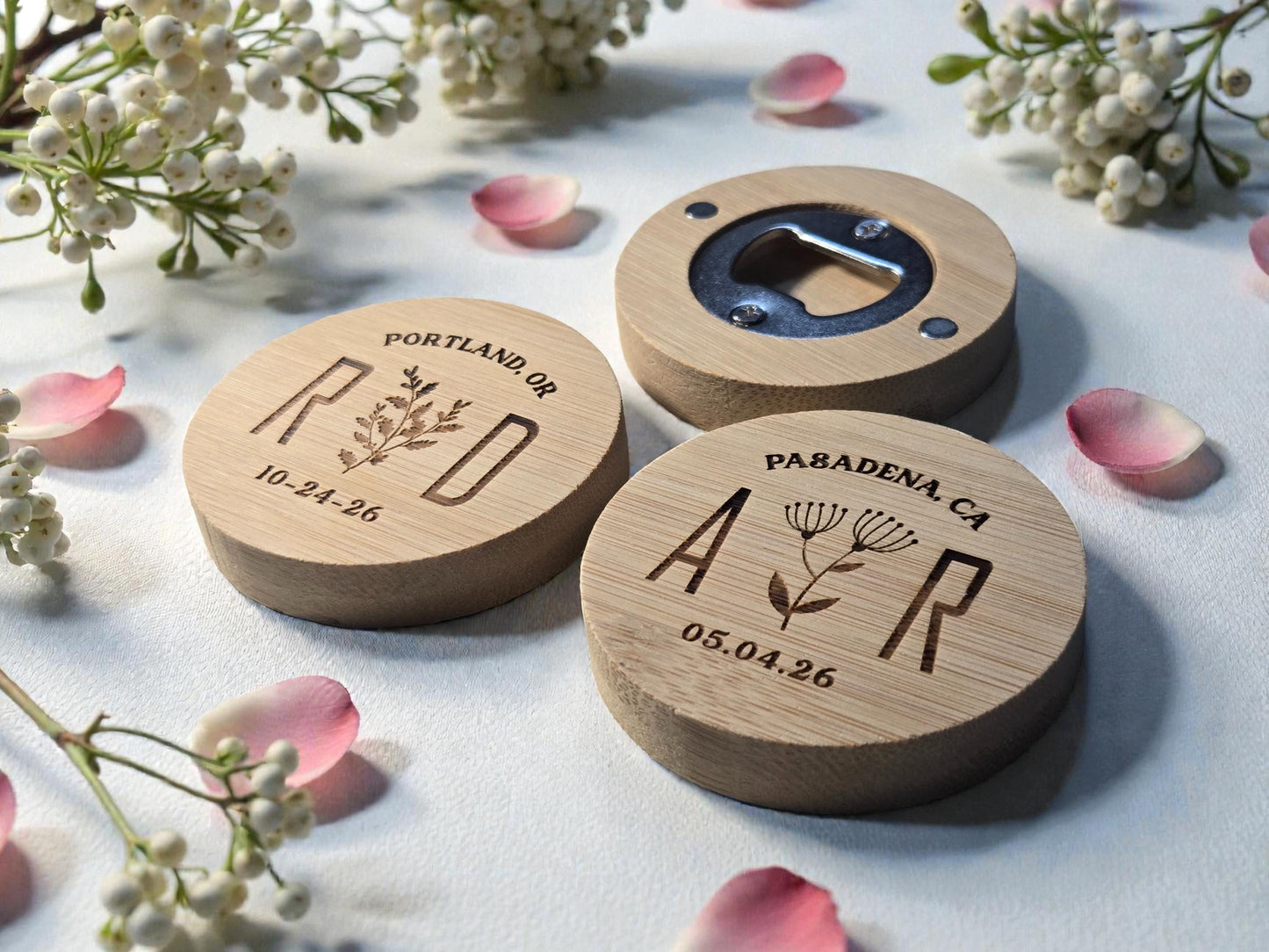 Botanical Wedding Favor Round Bamboo Magnetic Bottle Opener, Custom Engraved Bulk Wedding Favors