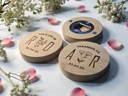 Botanical Wedding Favor Round Bamboo Magnetic Bottle Opener, Custom Engraved Bulk Wedding Favors