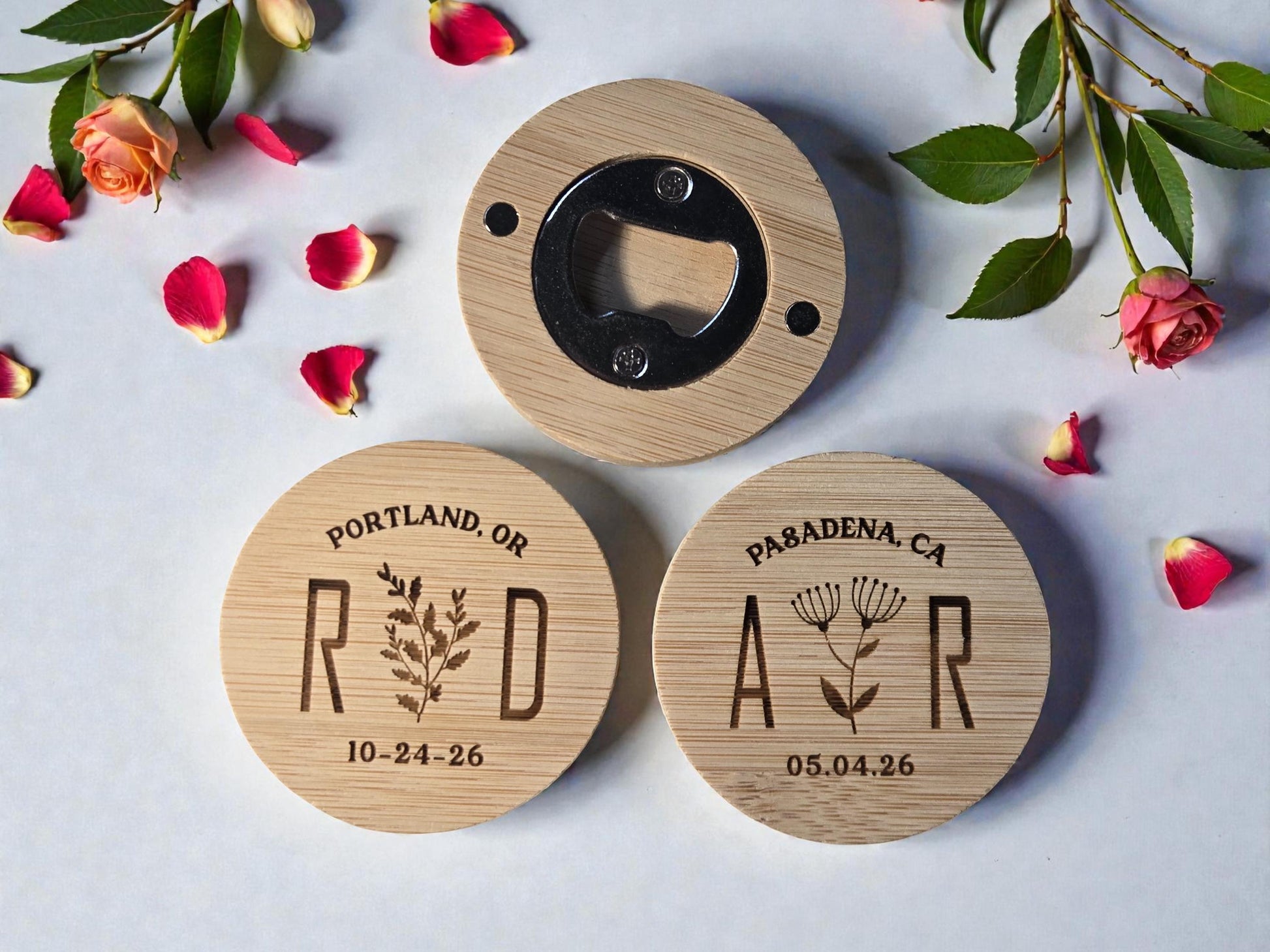 Botanical Wedding Favor Round Bamboo Magnetic Bottle Opener, Custom Engraved Bulk Wedding Favors