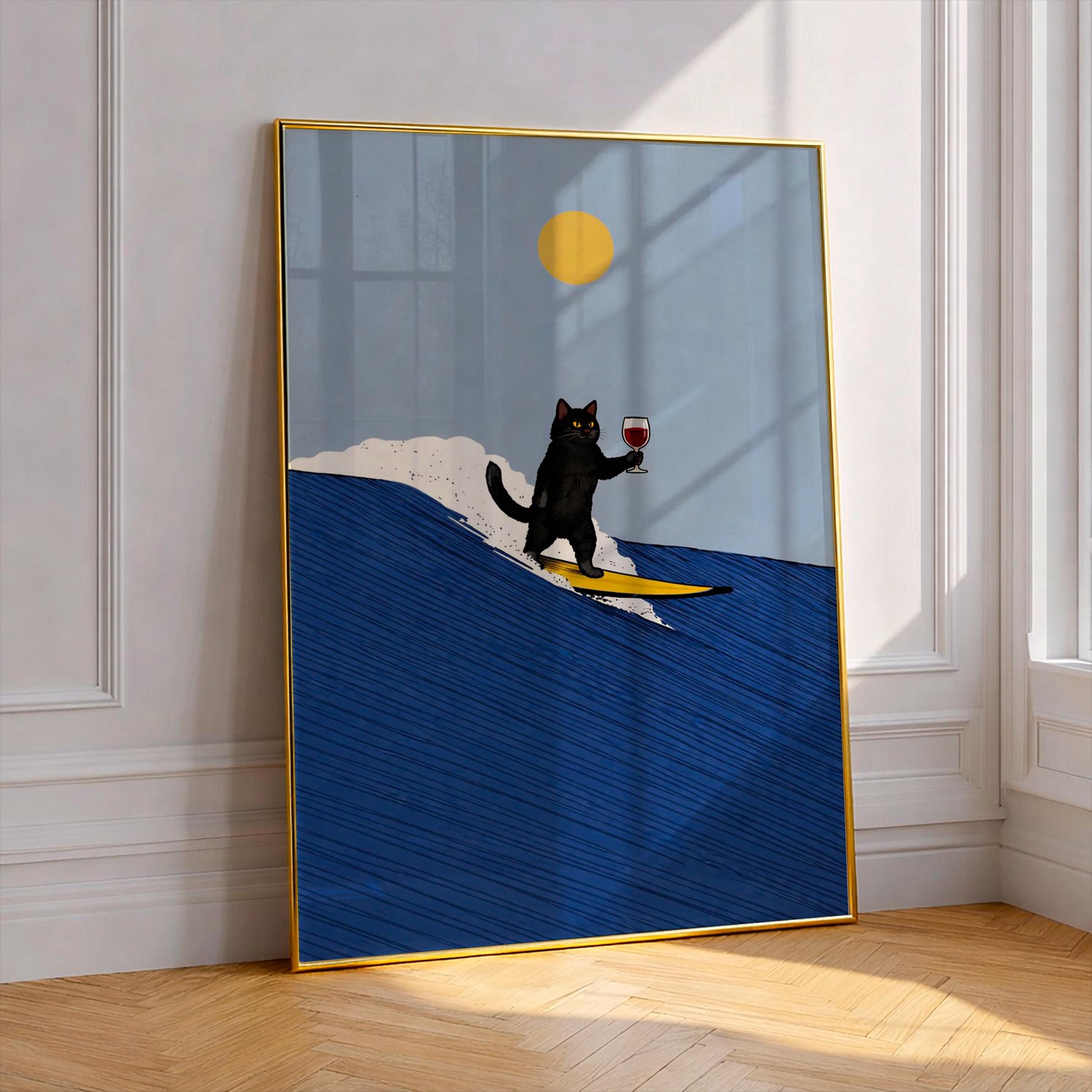 Black Cat Surfing Poster, Mid Century Modern Wall Art, Funny Cat Drinking Wine Print, Retro Surf Decor, Quirky Animal Art, Minimalist Gift