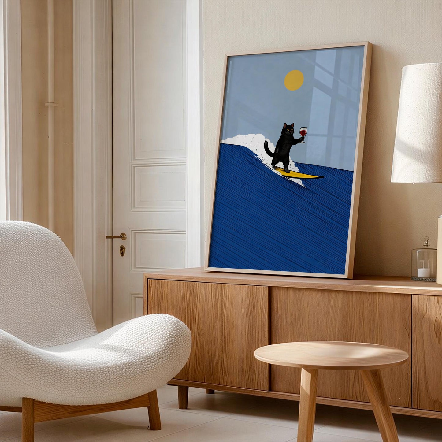 Black Cat Surfing Poster, Mid Century Modern Wall Art, Funny Cat Drinking Wine Print, Retro Surf Decor, Quirky Animal Art, Minimalist Gift