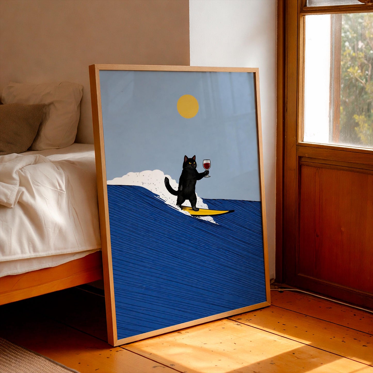 Black Cat Surfing Poster, Mid Century Modern Wall Art, Funny Cat Drinking Wine Print, Retro Surf Decor, Quirky Animal Art, Minimalist Gift