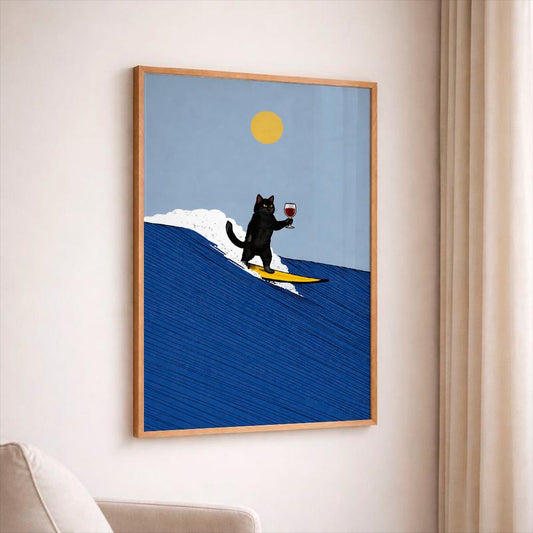 Black Cat Surfing Poster, Mid Century Modern Wall Art, Funny Cat Drinking Wine Print, Retro Surf Decor, Quirky Animal Art, Minimalist Gift
