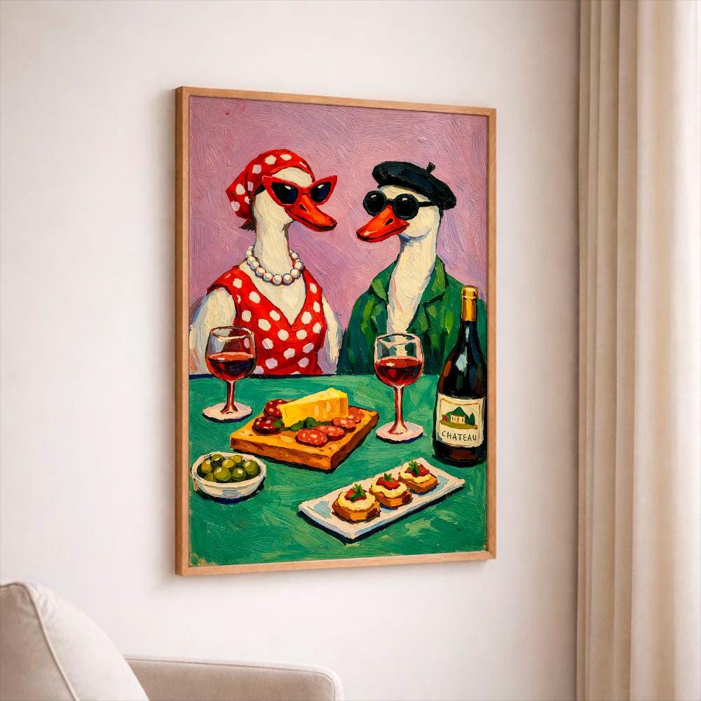 Funny Goose Wine Art Print, Quirky French Duck Poster, Eclectic Kitchen Wall Decor, Oil Painting Animal Style, Trendy Bar Cart Decor Gift