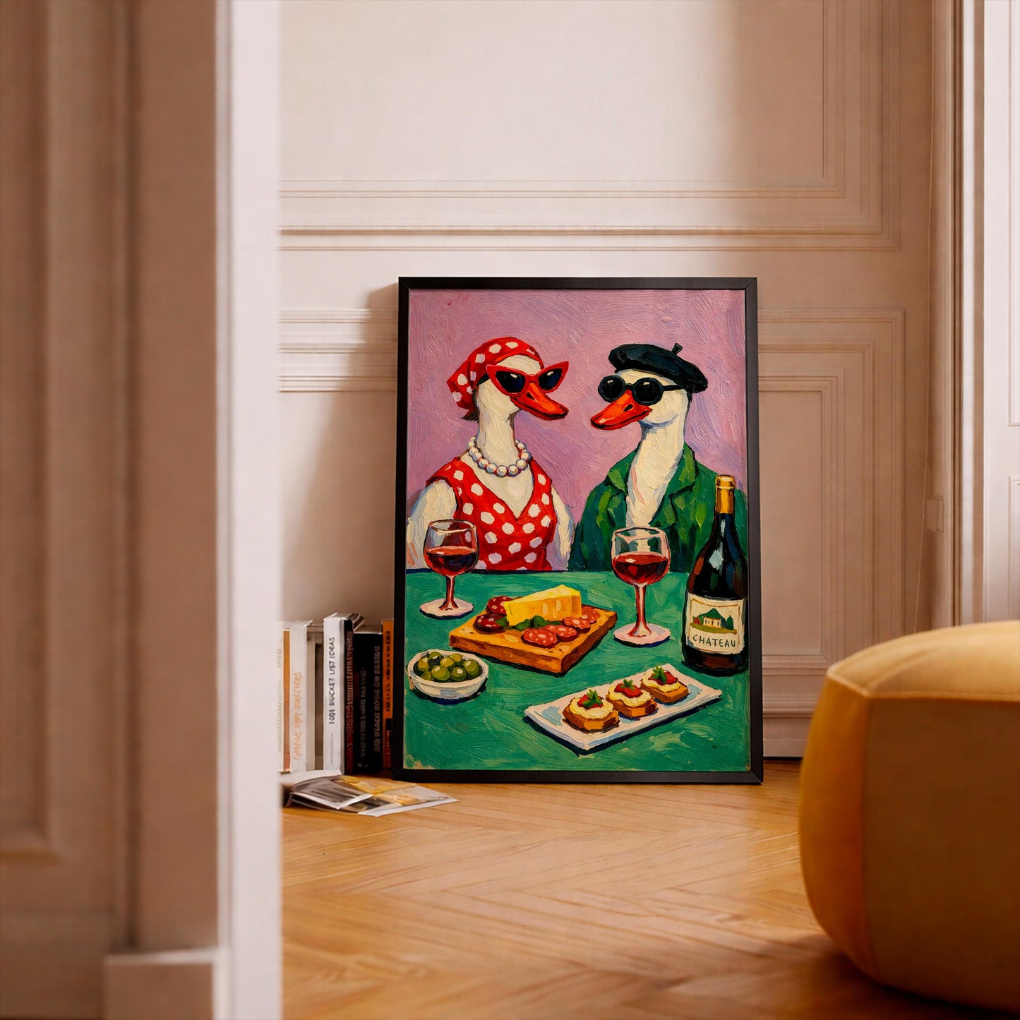 Funny Goose Wine Art Print, Quirky French Duck Poster, Eclectic Kitchen Wall Decor, Oil Painting Animal Style, Trendy Bar Cart Decor Gift