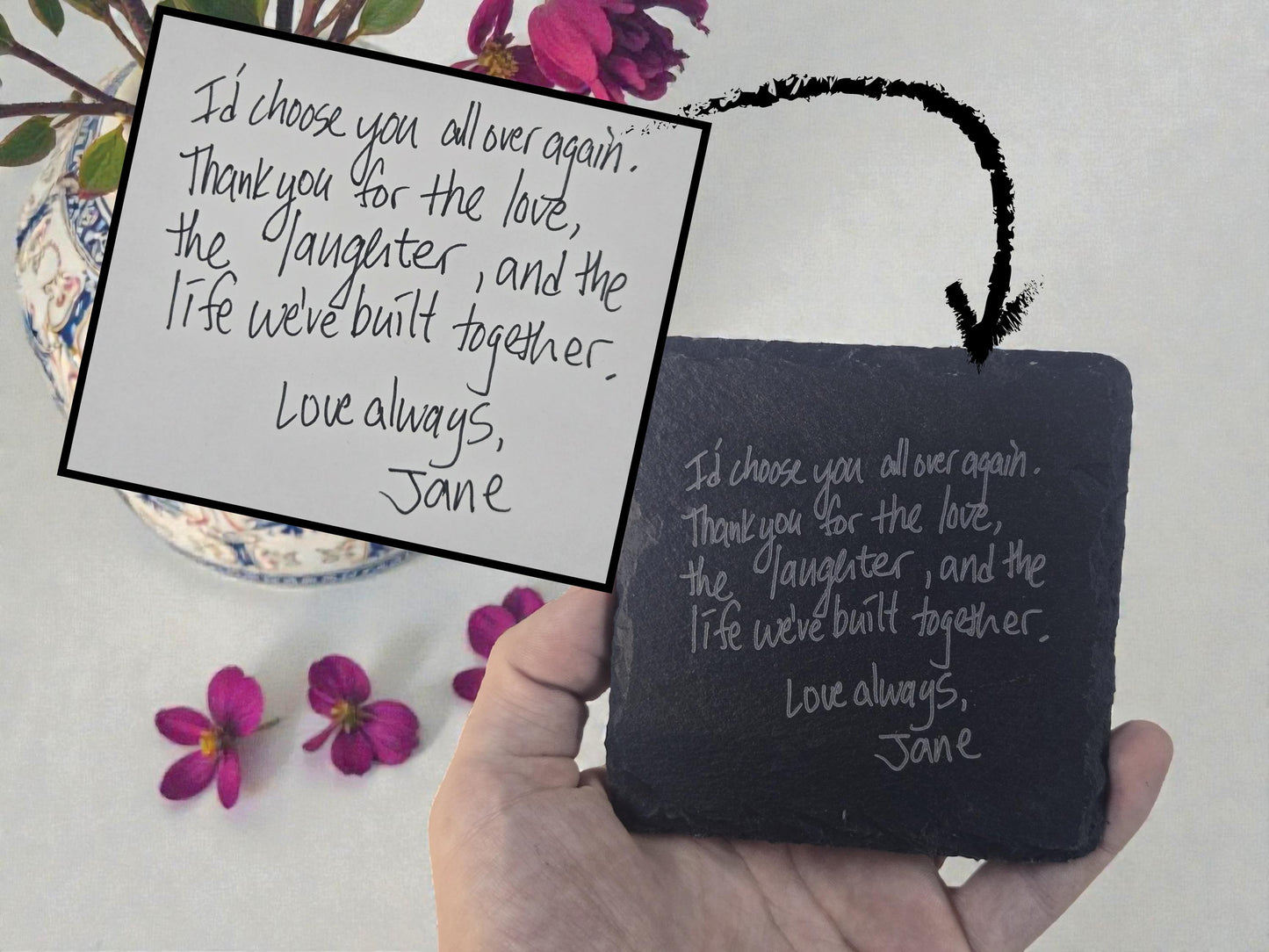 Anniversary Handwritten Love Note Gift, Writing Engraved Forever On A Slate Coaster, Custom Handwriting Keepsake, Romantic Anniversary Gifts