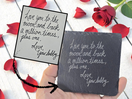 I Love You Handwriting, Your Writing Engraved Forever On A Slate Coaster, Custom Handwriting Keepsake, Romantic Gift For Him And For Her