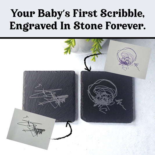 Baby's First Scribble Keepsake, Engraved Slate Coaster, Custom Handwriting Baby Toddler Memory Gift