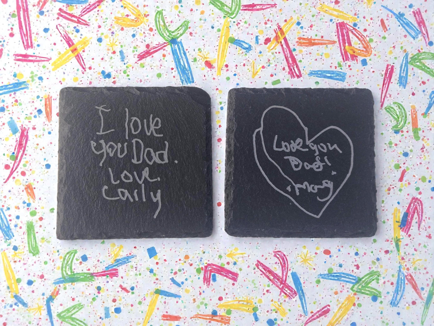 Child's "Love You Dad" Handwriting Gift, Engraved Slate Coaster, Custom Handwritten Keepsake For Dad