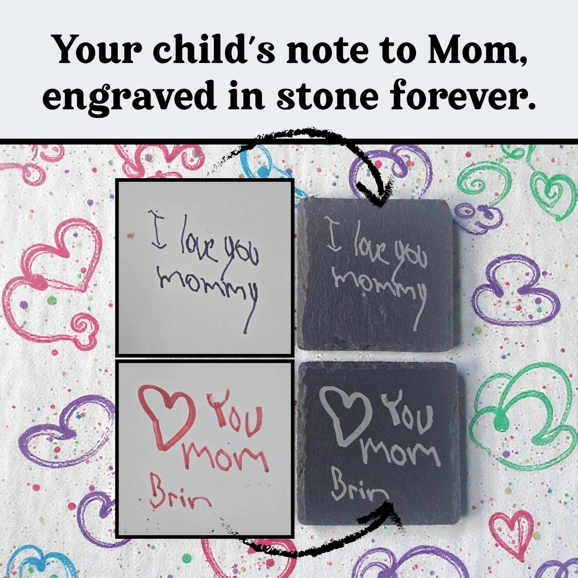 Child's "Love You Mom" Handwriting Gift, Engraved Slate Coaster, Custom Handwritten Keepsake For Mom, Mother's Day Gift From Kids