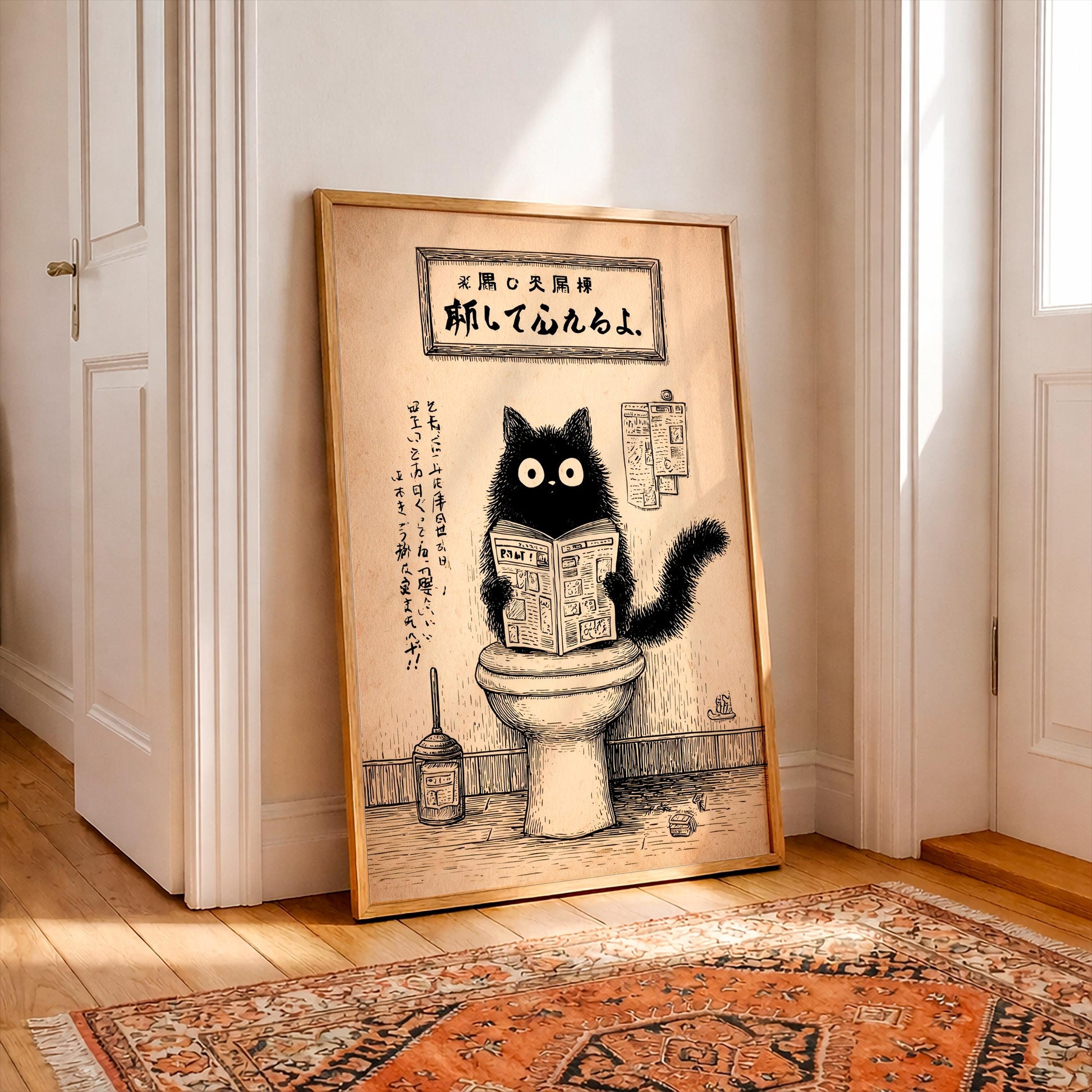 Japanese Black Cat on a toilet, Funny bathroom print, Toilet poster, Japan cat Pooping wall art, Neutral print, Unique Cat Lover Gift