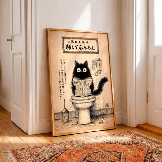 Japanese Black Cat on a toilet, Funny bathroom print, Toilet poster, Japan cat Pooping wall art, Neutral print, Unique Cat Lover Gift