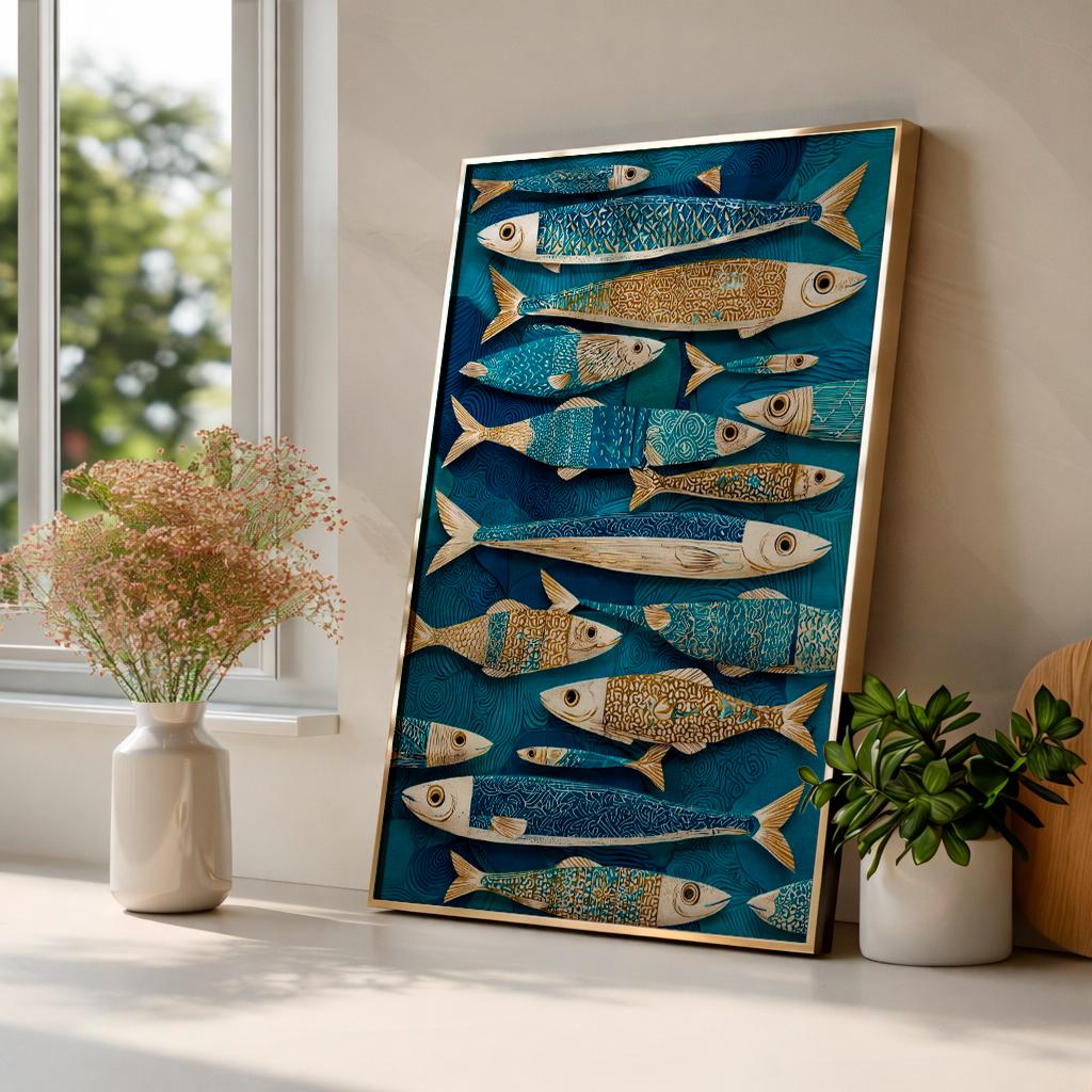 Blue Fish Wall Art, Nautical Kitchen Poster, Coastal Fish Print, Scandinavian Marine Decor, Deep Blue Linocut Artwork