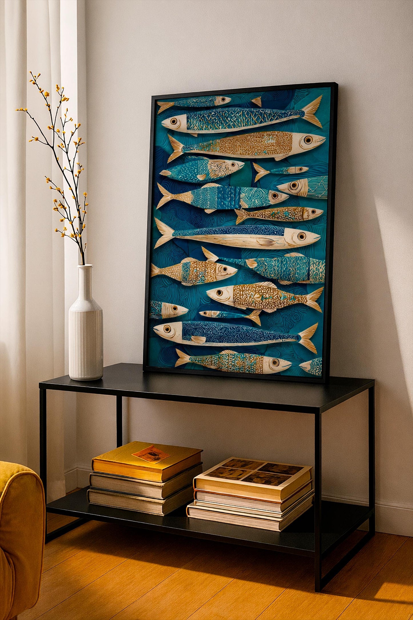 Blue Fish Wall Art, Nautical Kitchen Poster, Coastal Fish Print, Scandinavian Marine Decor, Deep Blue Linocut Artwork