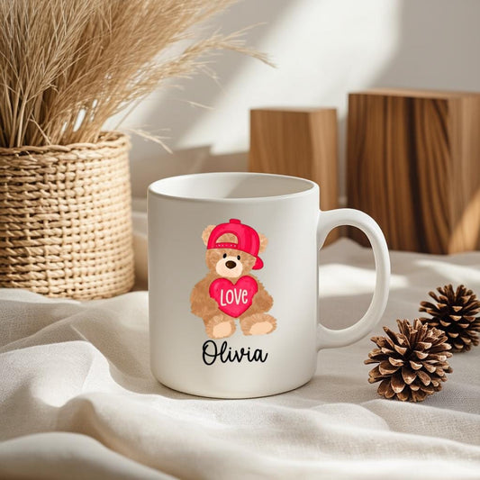 Personalized Teddy Bear Mug, Cute Red Hat Bear with Love Heart Name Cup, Gift for Kids or Her