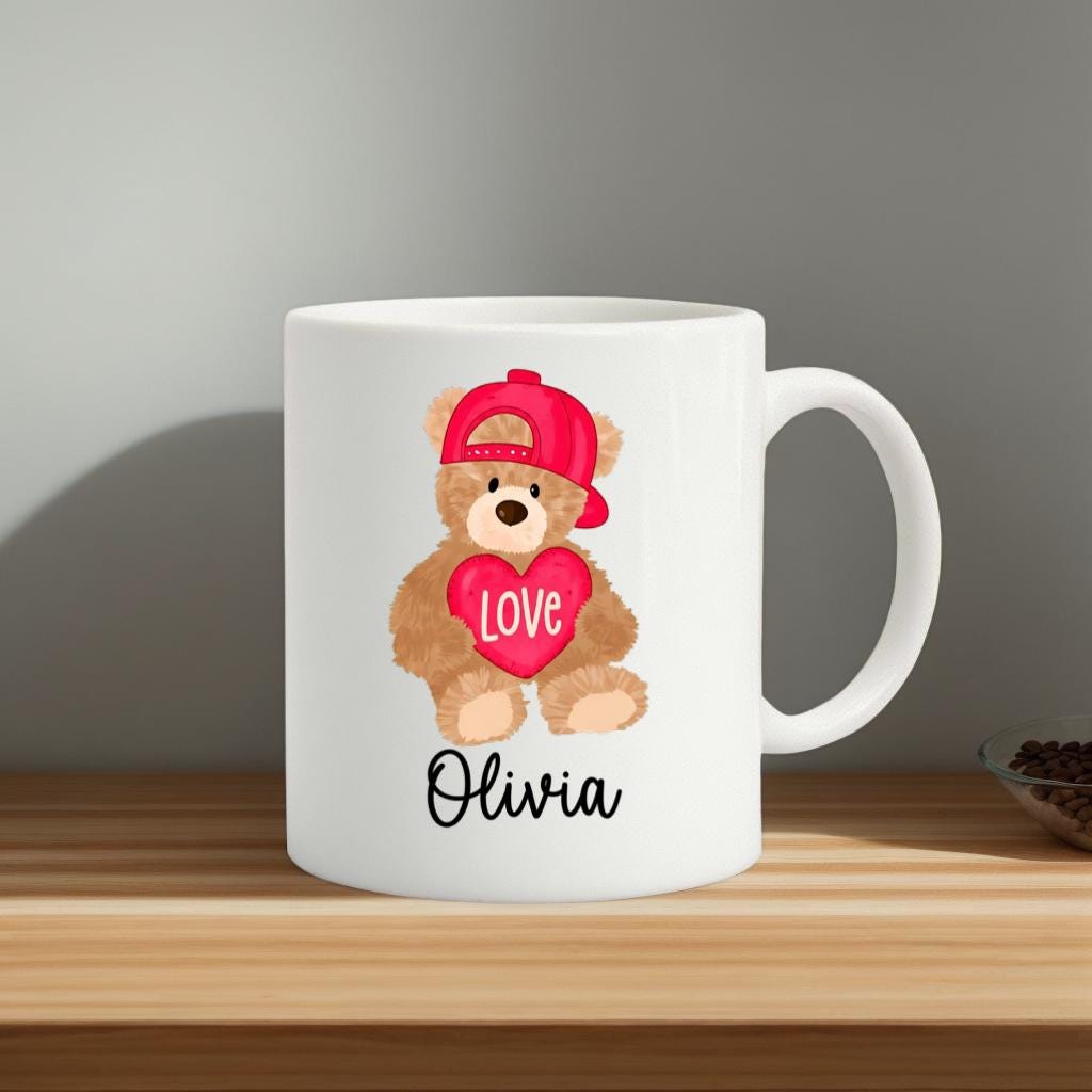 Personalized Teddy Bear Mug, Cute Red Hat Bear with Love Heart Name Cup, Gift for Kids or Her