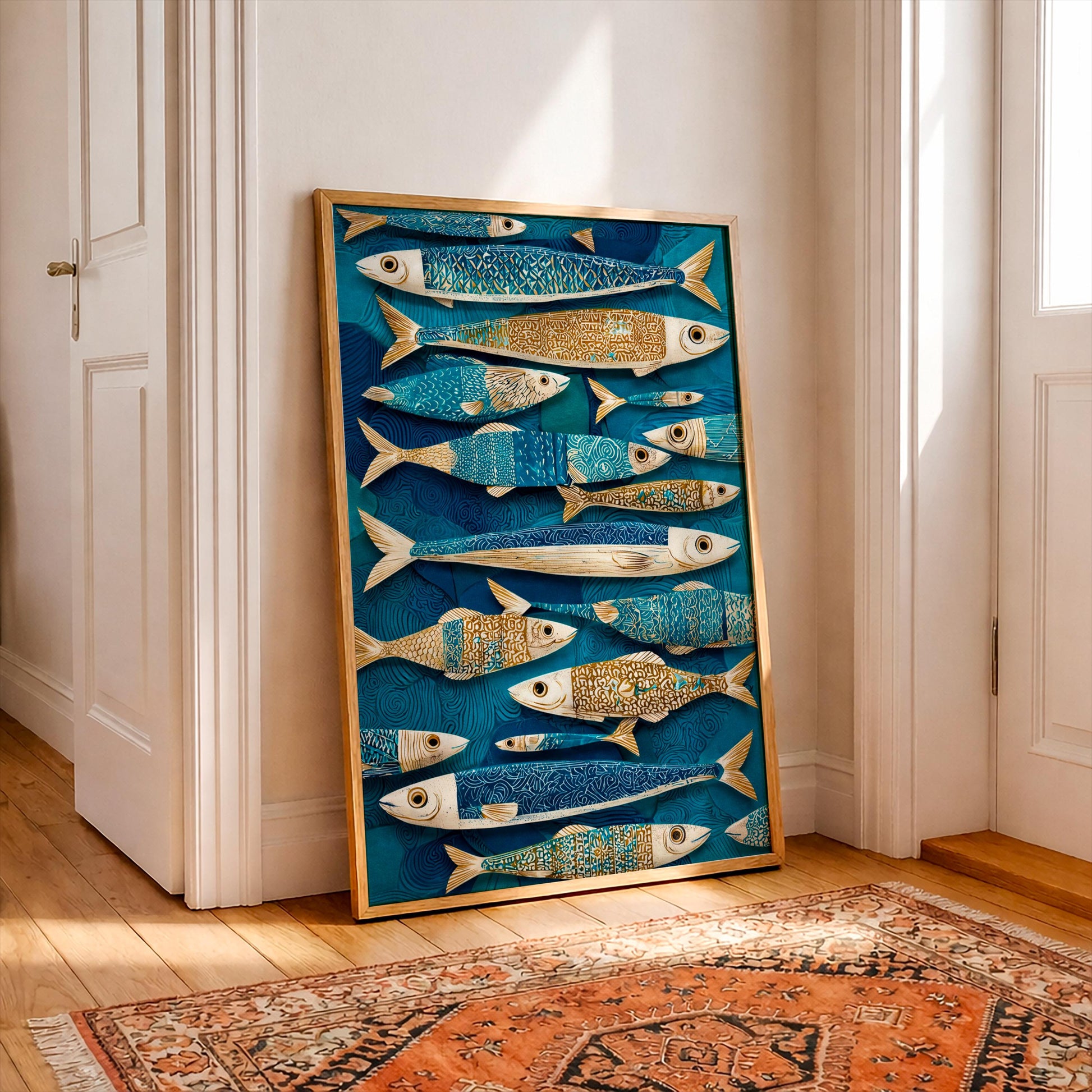 Blue Fish Wall Art, Nautical Kitchen Poster, Coastal Fish Print, Scandinavian Marine Decor, Deep Blue Linocut Artwork
