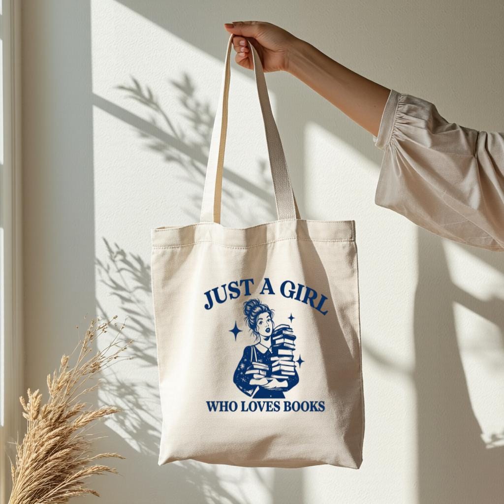 Book Lover Tote Bag, "Just a Girl Who Loves Books" Canvas Style Shopping Bag, Reader Gift for Bookworms
