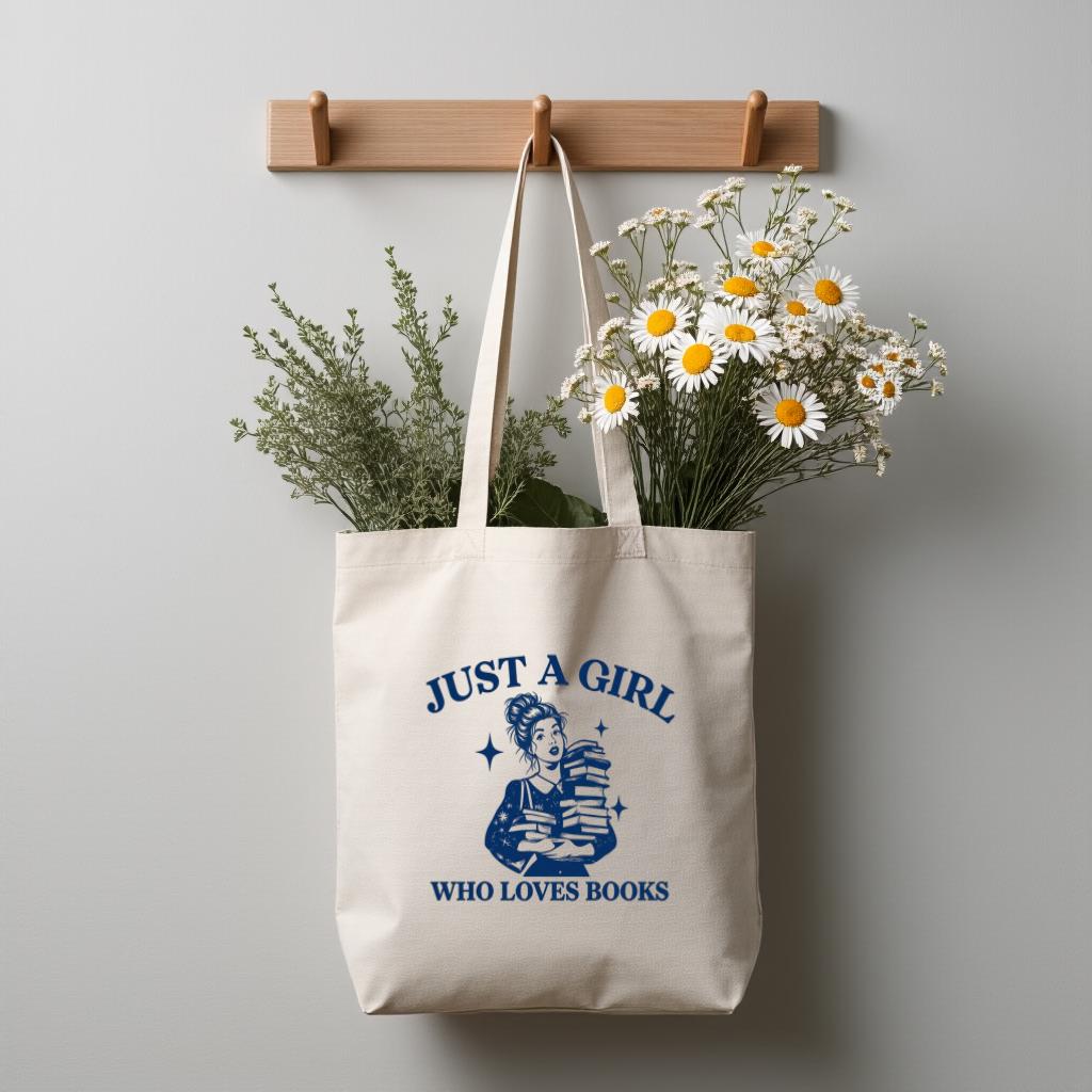 Book Lover Tote Bag, "Just a Girl Who Loves Books" Canvas Style Shopping Bag, Reader Gift for Bookworms