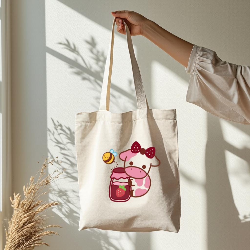 Cute Cartoon Cow Tote Bag, Strawberry Milk Kawaii Graphic Reusable Canvas Style Shopper, Gift for Cow Lovers