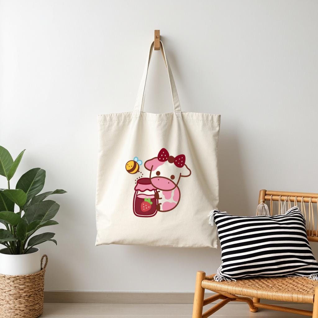 Cute Cartoon Cow Tote Bag, Strawberry Milk Kawaii Graphic Reusable Canvas Style Shopper, Gift for Cow Lovers