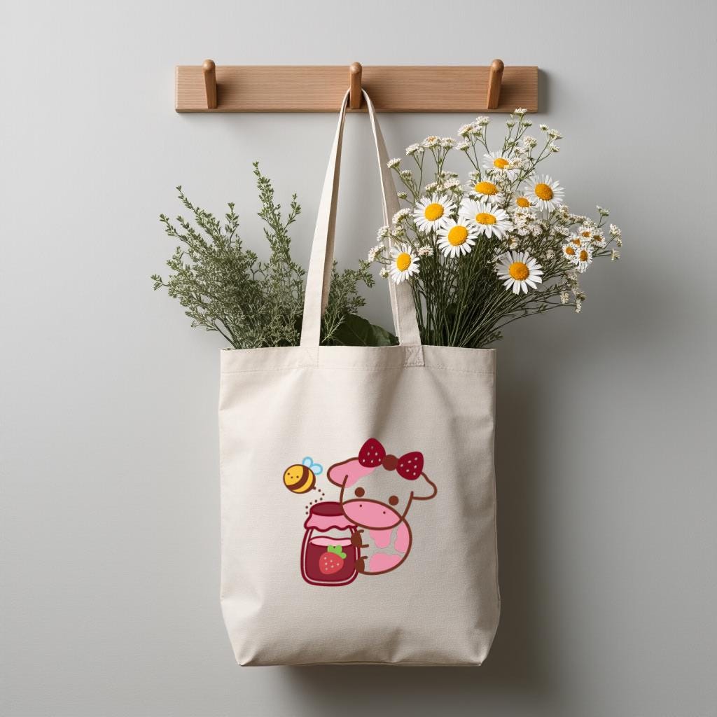 Cute Cartoon Cow Tote Bag, Strawberry Milk Kawaii Graphic Reusable Canvas Style Shopper, Gift for Cow Lovers