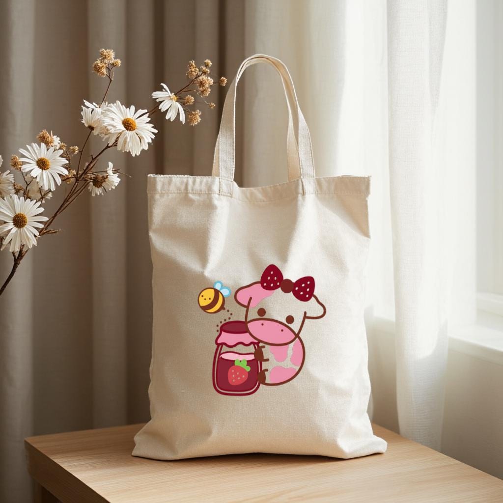 Cute Cartoon Cow Tote Bag, Strawberry Milk Kawaii Graphic Reusable Canvas Style Shopper, Gift for Cow Lovers