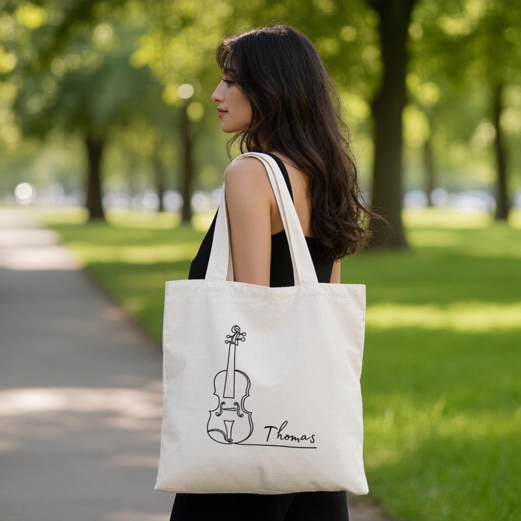 Minimalist Violin Tote Bag, Personalized Name Line Art Shoulder Bag for Musicians, Gift for Music Lovers