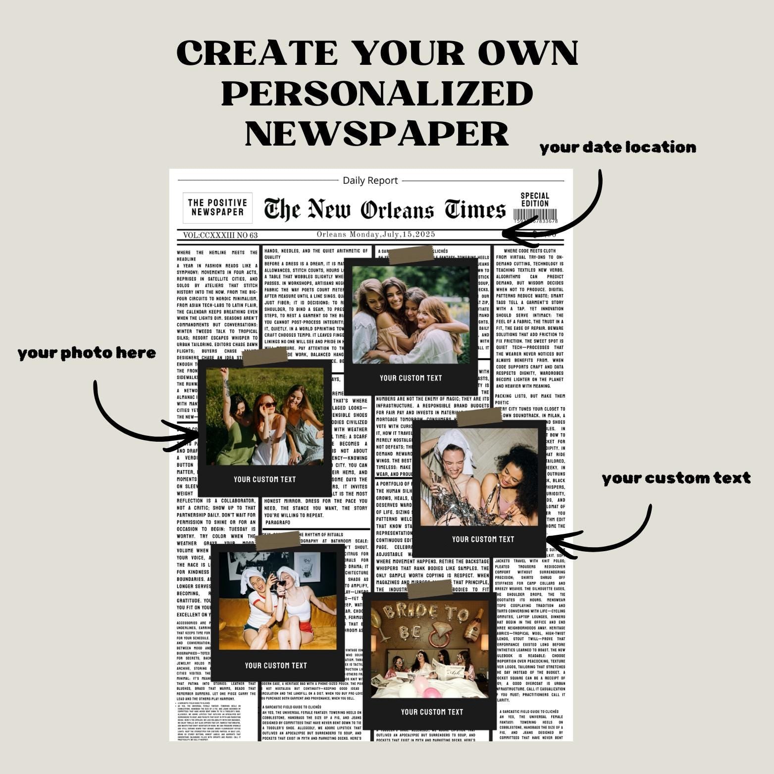 Personalized Newspaper Print, Custom Wall Art Poster, Vintage Newspaper Style, Photo Collage Gift, Birthday, Anniversary, Friends